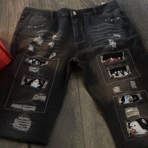 Men's Distressed Black Jeans with Ghost Patch